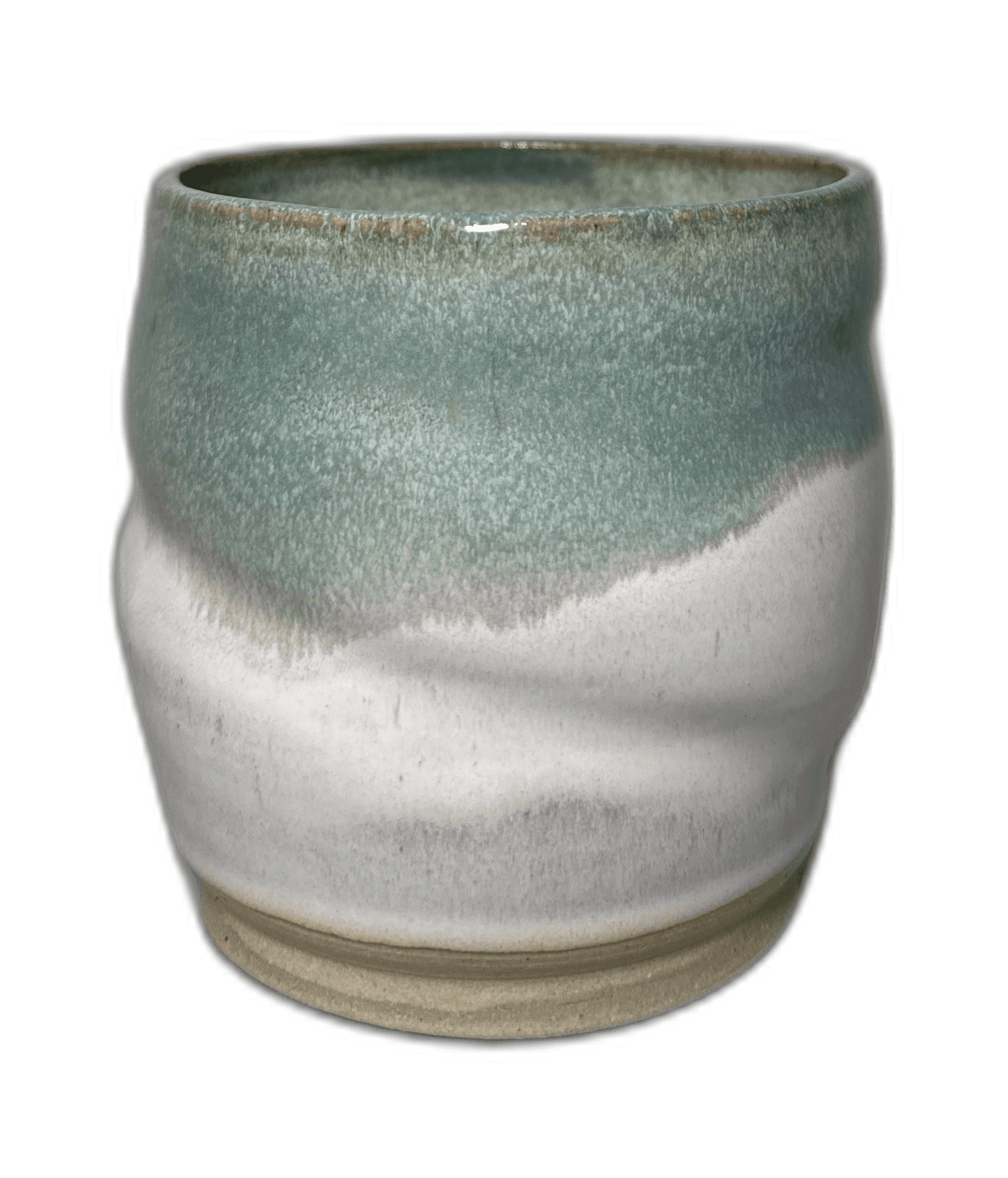 A mist-toned handmade mug photographed in the studio