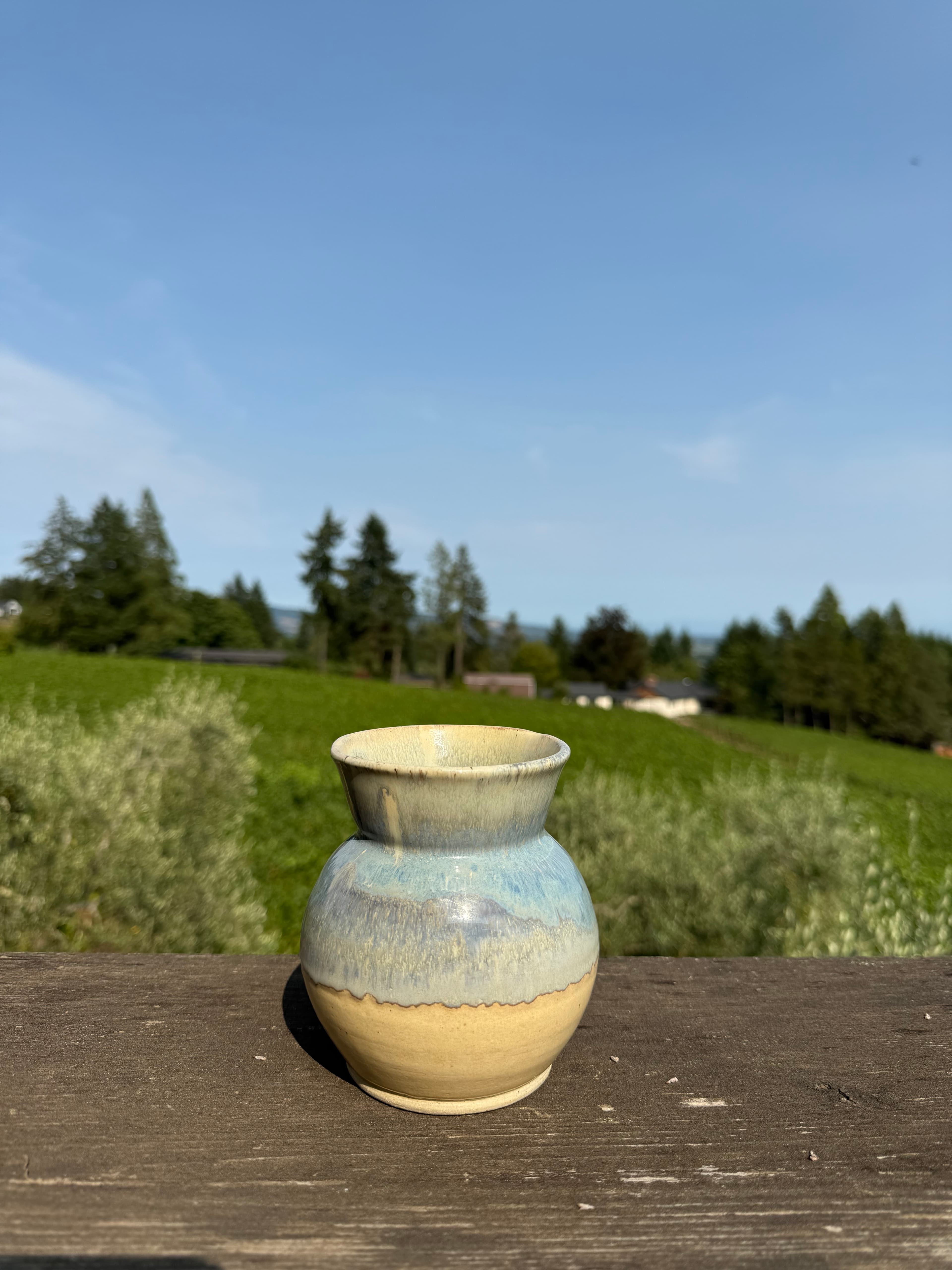 A pale blue and bone vase set against an open grass field